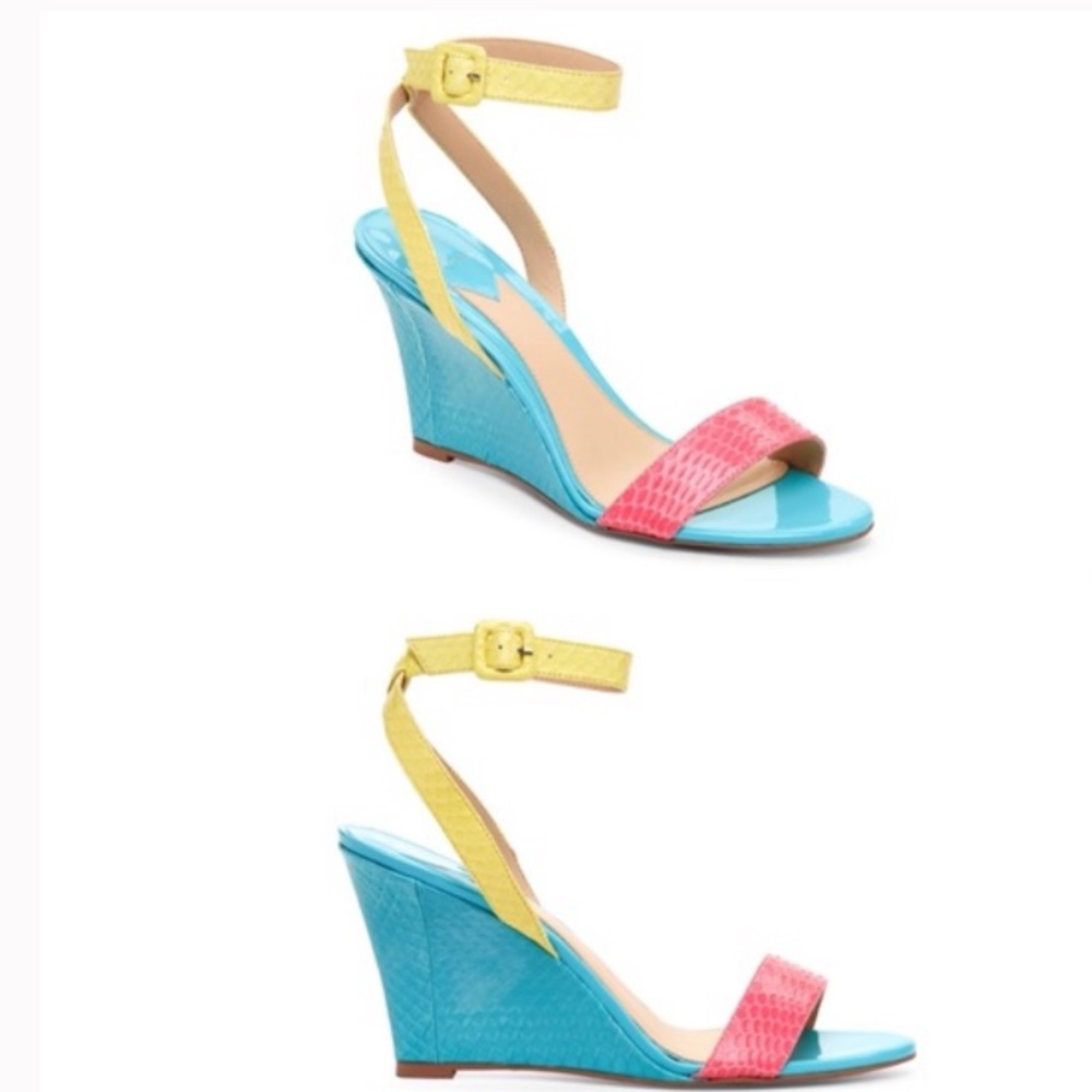 NWT NWT Brian Atwood Pastel Pink, Light Blue & Yellow Wedge Sandals - Picture 2 of 12